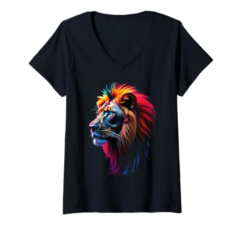 Damen Löwen Wildtier Tierliebhaber Löwe Kunst Bunt Funny Lion Zoo T-Shirt mit V-Ausschnitt Damen Löwen Wildtier Tierliebhaber Löwe Kunst Bunt Funny Lion Zoo T-Shirt mit V-Ausschnitt von Besten Tier Motive aller Art - Kunstwerk AnimalArt