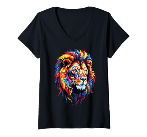 Damen Löwen Wildtier Tierliebhaber Löwe Kunst Bunt Funny Lion Zoo T-Shirt mit V-Ausschnitt von Besten Tier Motive aller Art - Kunstwerk AnimalArt