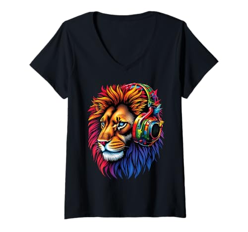 Damen Löwen Wildtier Tierliebhaber Löwe Kunst Bunt Funny Lion Zoo T-Shirt mit V-Ausschnitt von Besten Tier Motive aller Art - Kunstwerk AnimalArt