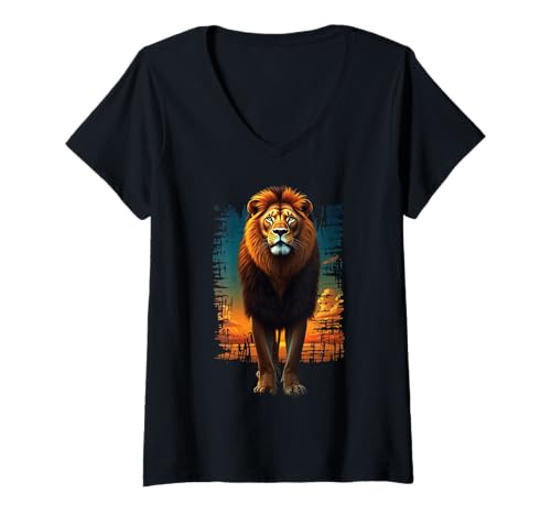 Damen Löwen Wildtier Tierliebhaber Löwe Kunst Bunt Funny Lion Zoo T-Shirt mit V-Ausschnitt Damen Löwen Wildtier Tierliebhaber Löwe Kunst Bunt Funny Lion Zoo T-Shirt mit V-Ausschnitt von Besten Tier Motive aller Art - Kunstwerk AnimalArt