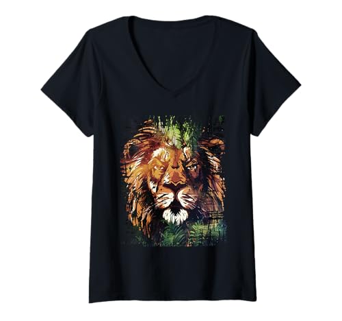 Damen Löwen Wildtier Tierliebhaber Löwe Kunst Bunt Funny Lion Zoo T-Shirt mit V-Ausschnitt von Besten Tier Motive aller Art - Kunstwerk AnimalArt