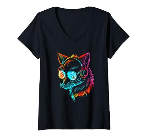 Damen Lustiges Fuchs Fox Kunst Kopfhörer Sonnenbrille Natur Füchse T-Shirt mit V-Ausschnitt von Besten Tier Motive aller Art - Kunstwerk AnimalArt