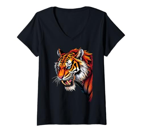 Damen Lustiges Tiger Kunst Tierliebhaber Wildtier Safari Zoo Katze T-Shirt mit V-Ausschnitt von Besten Tier Motive aller Art - Kunstwerk AnimalArt