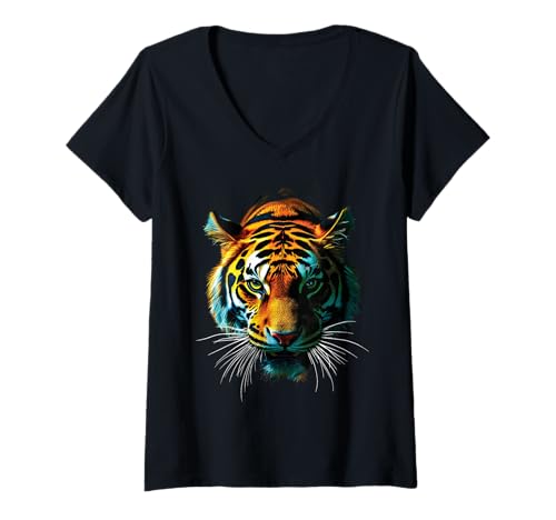 Damen Lustiges Tiger Kunst Tierliebhaber Wildtier Safari Zoo Katze T-Shirt mit V-Ausschnitt von Besten Tier Motive aller Art - Kunstwerk AnimalArt