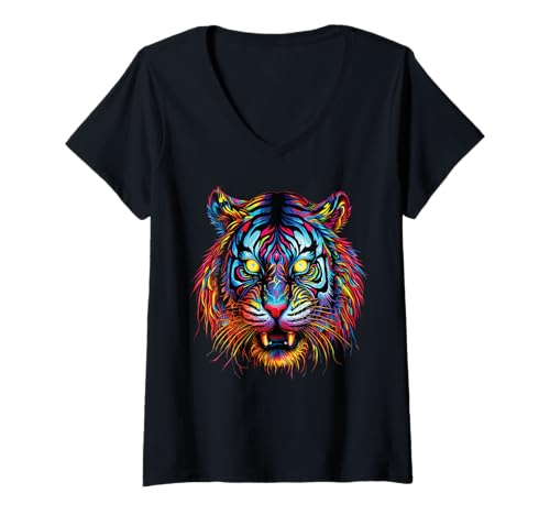 Damen Lustiges Tiger Kunst Tierliebhaber Wildtier Safari Zoo Katze T-Shirt mit V-Ausschnitt von Besten Tier Motive aller Art - Kunstwerk AnimalArt