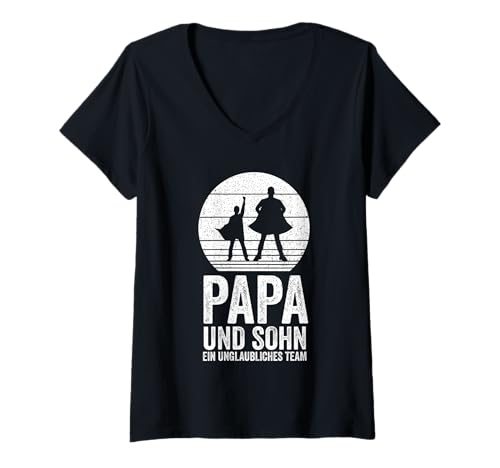 Damen Superhelden Papa Vater Und Sohn T-Shirt mit V-Ausschnitt von Bester Papa der Welt Vatertag