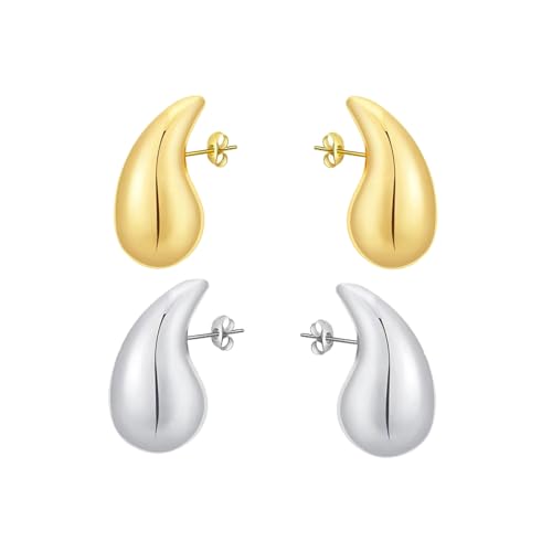 4 stück Chunky Goldene, Wassertropfen Hängend Ohrringe Klobige, Wassertropfen Ohrringe für Frauen und Mädchengeschenke （Gold und Silber） von Bestevery