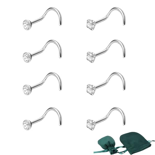 Bestevery 8 Stück Nasenpiercing Steck, Edelstahl Nasenpiercing Stecker, Titan Nasenpiercing Nasenring, Set Nostril Piercing, Mit Dark Green Velvet Bag, Für Frauen Und Männer Geeignet von Bestevery