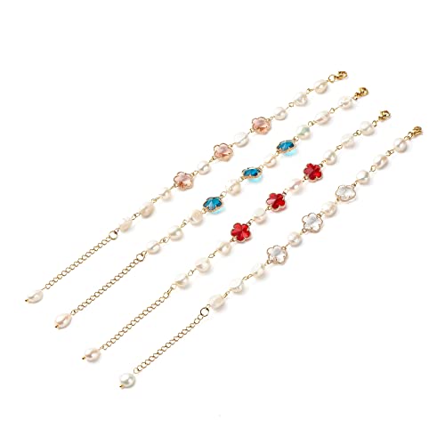 Bestewelry 4 Stück Pflaumenblüten-Gliederarmband verstellbare natürliche Perlen Armbänder goldenes Multi-Blumen-Armband für Teenager Mädchen Frauen 18 cm lang, Perle von Bestewelry