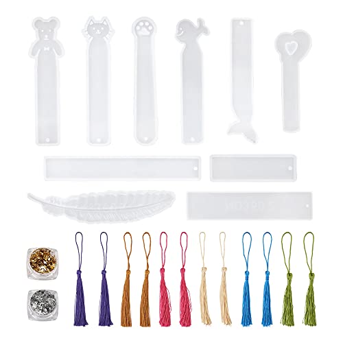 Bestewelry Lesezeichen Harz Form Kit Lesezeichen Silikonform Epoxidharz Schmuckform mit Polyester Quaste Folie Flocken für DIY Handwerk Lesezeichen machen von Bestewelry