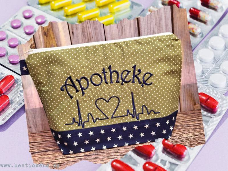 Bestickte Apotheke "Herzkurve" //Marine - Oliv// Reiseapotheke Notfalltasche Erste Hilfe Medikamente Notfall Reisefieber First Aid Kit von Bestickend