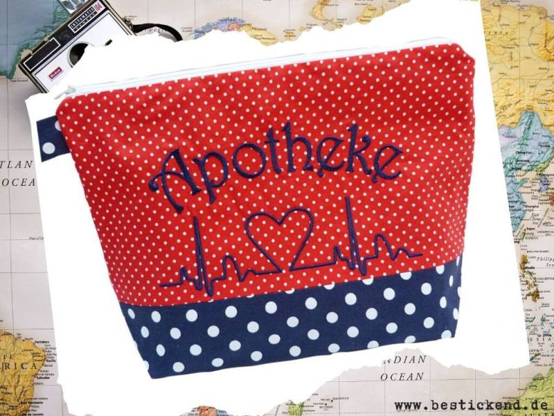 Bestickte Apotheke "Herzkurve" /Marine - Rot/ Reiseapotheke Notfalltasche Erste Hilfe Medikamente First Aid Kit Pharmacy Notfall Reisefieber von Bestickend