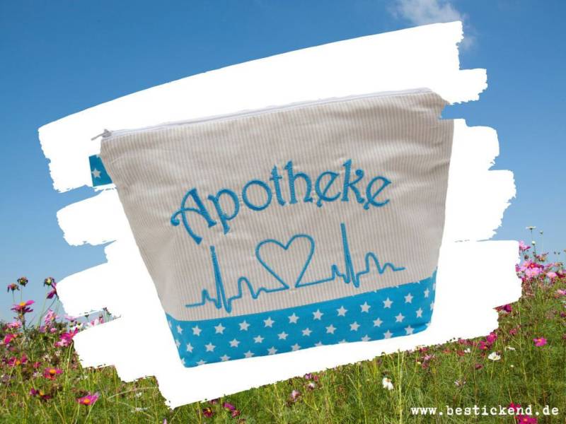 Bestickte Apotheke "Herzkurve" //Türkis - Natur// Reiseapotheke Notfalltasche Erste Hilfe Medikamente Notfall Reisefieber von Bestickend