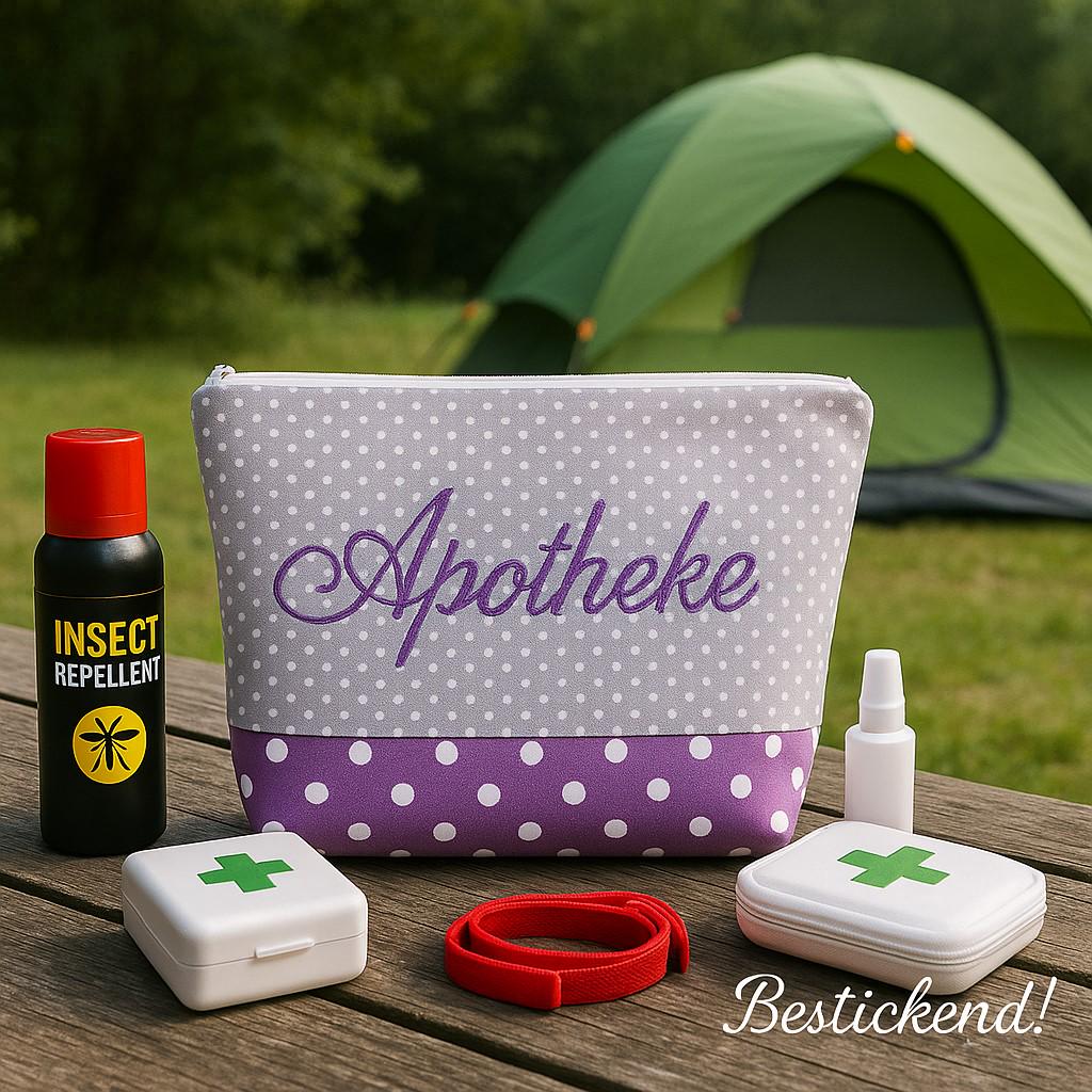 Bestickte Apotheke - Reiseapotheke //Grau Flieder// Geschenk Notfalltasche Erste Hilfe First Aid Kit Notfall Reisefieber Medikamente von Bestickend