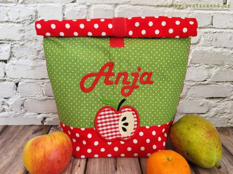 Bestickte Lunchbag Apfel + Name Rot - Grün Lunchbox, Picknicktasche Frühstücksbeutel Brotbeutel Tasche Personalisiert 20 Schriften Geschenk von Bestickend