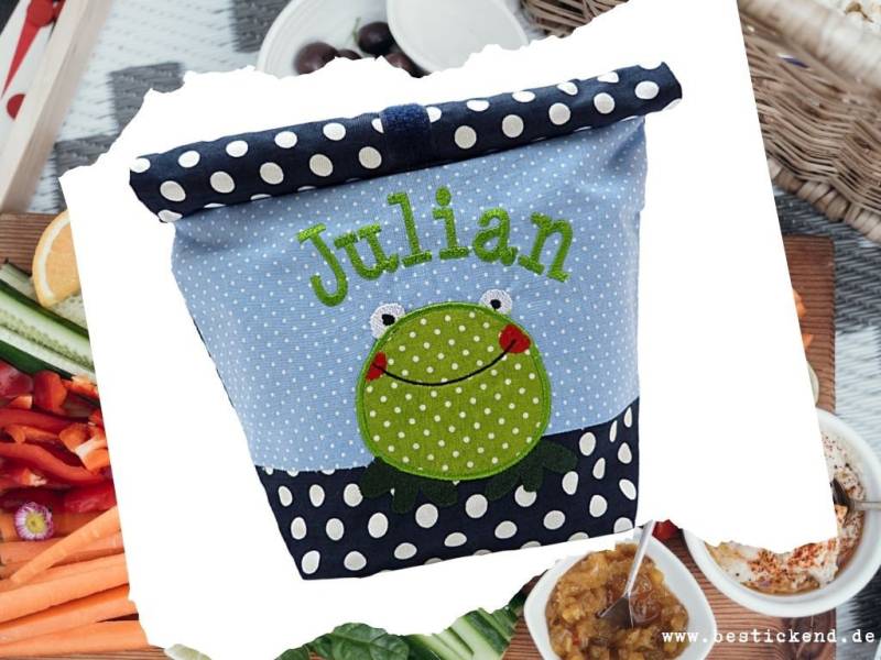 Bestickte Lunchbag Frosch +Name Hellblau - Marine Lunchbox, Picknicktasche Frühstücksbeutel Brotbeutel Tasche Personalisiert 20 Schriften von Bestickend