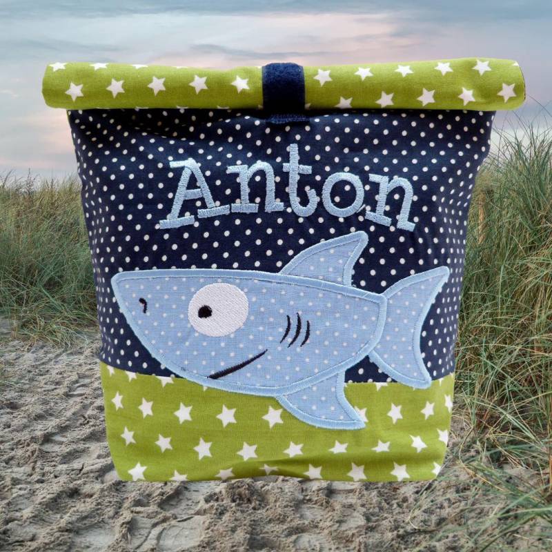 Bestickte Lunchbag Hai + Name //Kiwi - Marine// Lunchbox Picknicktasche Frühstücksbeutel Brotbeutel Tasche 20 Schriften Geschenk von Bestickend