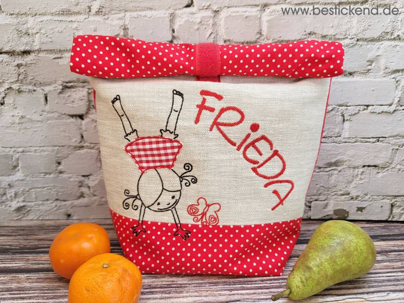 Bestickte Lunchbag Handstand-Mädchen + Name //Rot - Natur// Lunchbox Picknicktasche Frühstücksbeutel Brotbeutel Tasche 20 Schriften Geschenk von Bestickend