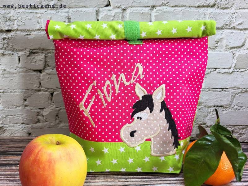 Bestickte Lunchbag Pferd + Name //Grün - Pink// Lunchbox Picknicktasche Frühstücksbeutel Brotbeutel Tasche 20 Schriften Geschenk von Bestickend