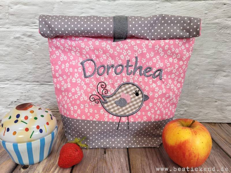 Bestickte Lunchbag Vogel + Name //Rosa - Grau// Lunchbox Picknicktasche Frühstücksbeutel Brotbeutel Tasche 20 Schriften Geschenk von Bestickend