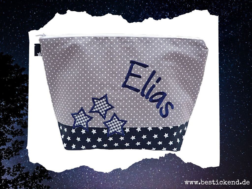 Bestickte Tasche 3 Sterne + Name //Marine - Grau// Wickeltasche Kulturbeutel Windeltasche Kulturtasche Waschtasche 20 Schriften von Bestickend