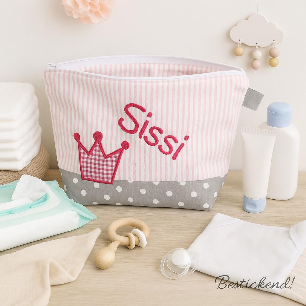 Bestickte Tasche Krönchen + Name //Rosa - Grau// Wickeltasche Kulturbeutel Windeltasche Kulturtasche Waschtasche 20 Schriften Kosmetiktasche von Bestickend