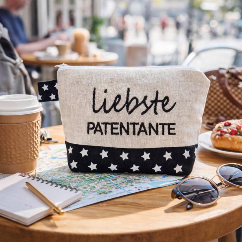 Bestickte Tasche Liebste Patentante Schwarz - Natur Kosmetiktasche Kulturtasche Schminktasche Makeup-Bag Statement Kompliment Geschenk | 20 von Bestickend