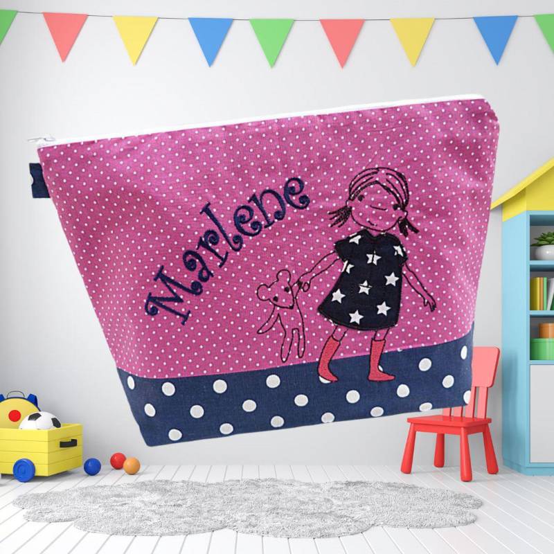 Bestickte Tasche Mädchen Mit Teddy + Name //Marine - Pink// Wickeltasche Kulturbeutel Windeltasche Kulturtasche Waschtasche 20 Schriften von Bestickend