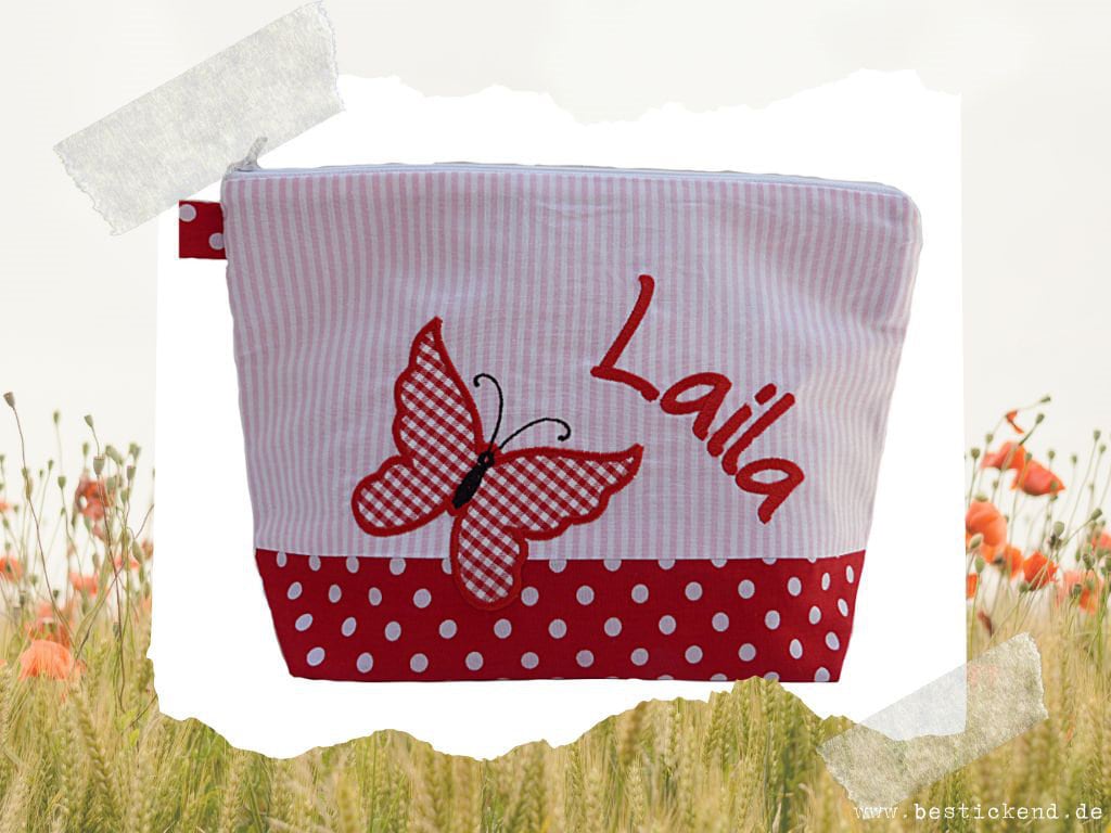 Bestickte Tasche Schmetterling + Name //Rot - Rosa// Wickeltasche Kulturbeutel Windeltasche Waschtasche 20 Schriften Kosmetiktasche Bestickte Tasche Schmetterling + Name //Rot - Rosa// Wickeltasche Kulturbeutel Windeltasche Waschtasche 20 Schriften Kosmetiktasche von Bestickend