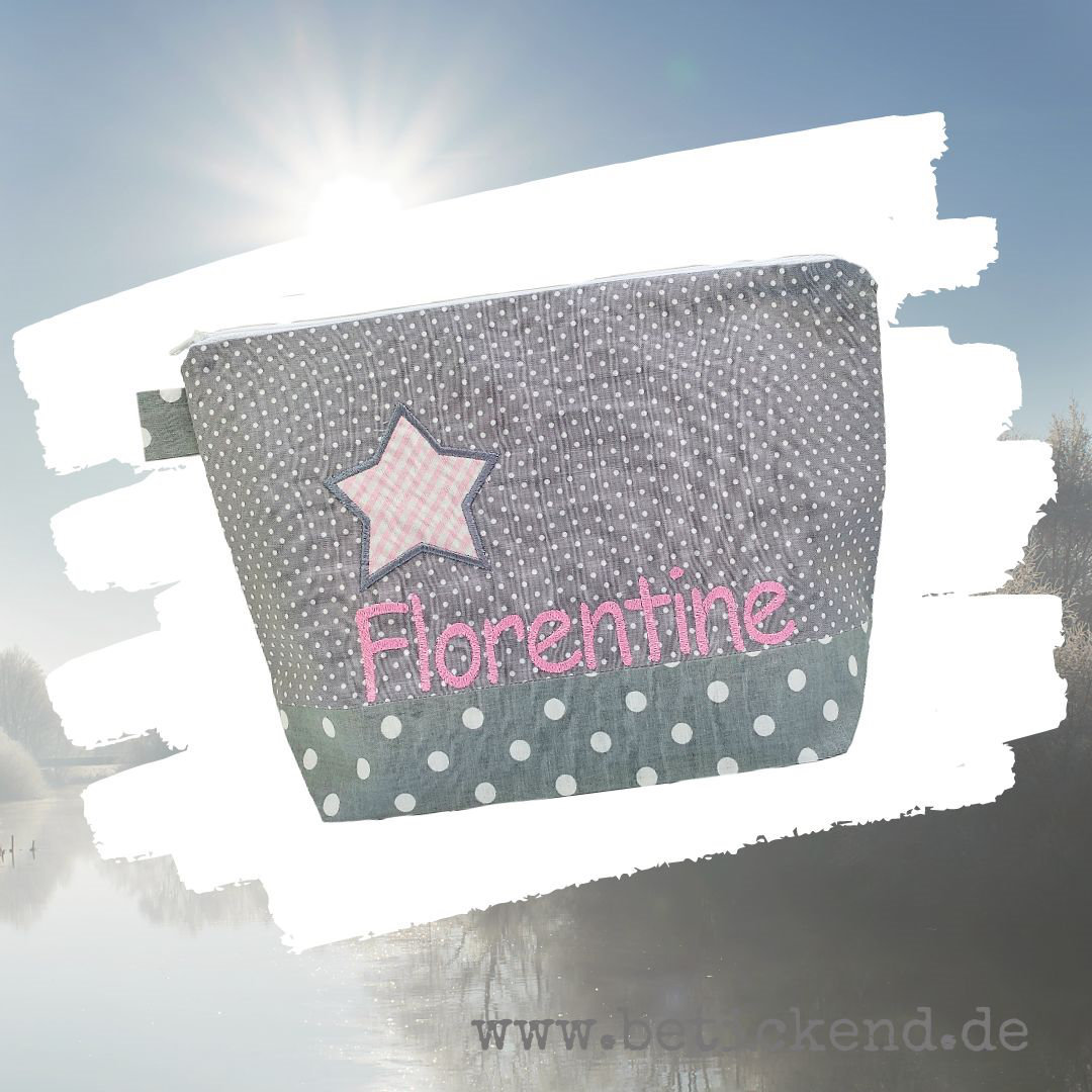 Bestickte Tasche Stern + Name Rosa - Grau Wickeltasche Kulturbeutel Windeltasche Kulturtasche Waschtasche 20 Schriften Kosmetiktasche Bestickte Tasche Stern + Name Rosa - Grau Wickeltasche Kulturbeutel Windeltasche Kulturtasche Waschtasche 20 Schriften Kosmetiktasche von Bestickend