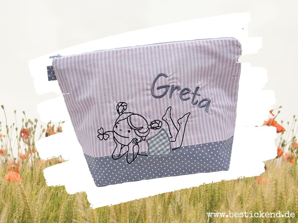 Bestickte Tasche Träumen + Name /Rosa - Grau/ Wickeltasche Kulturbeutel Windeltasche Kulturtasche Waschtasche 20 Schriftarten Kosmetiktasche von Bestickend