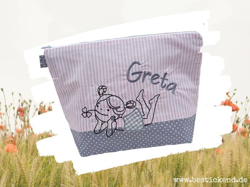 Bestickte Tasche Träumen + Name /Rosa - Grau/ Wickeltasche Kulturbeutel Windeltasche Kulturtasche Waschtasche 20 Schriftarten Kosmetiktasche von Bestickend