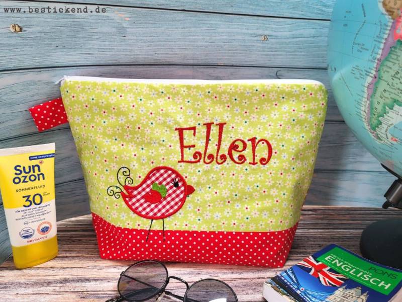 Bestickte Tasche Vögelchen + Name //Rot - Bunt// Wickeltasche Kulturbeutel Windeltasche Kulturtasche Waschtasche Kosmetiktasche von Bestickend