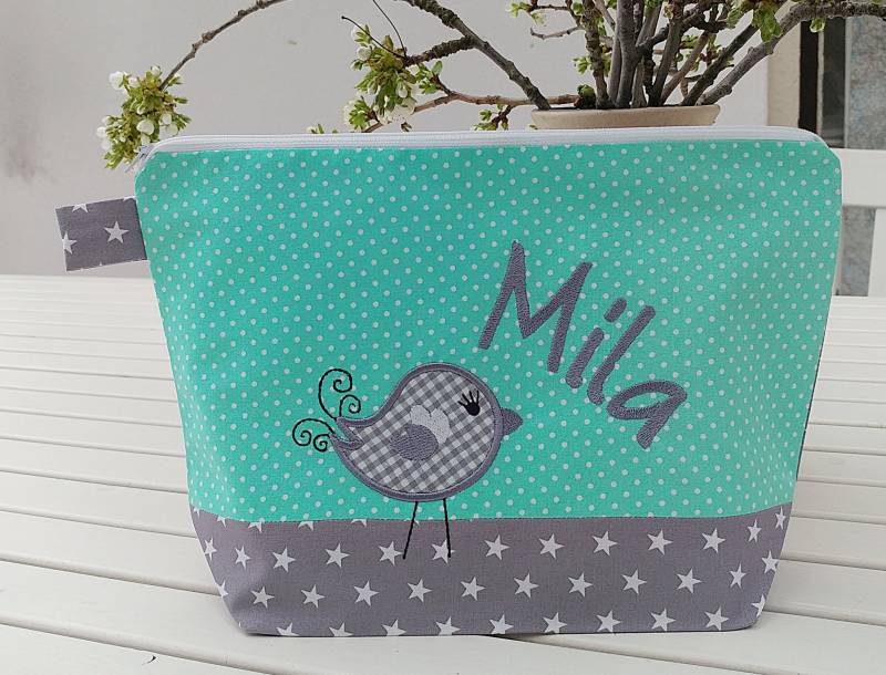 Bestickte Tasche Vogel + Name //Mint - Grau// Wickeltasche Kulturbeutel Windeltasche Kulturtasche Waschtasche 20 Schriftarten Kosmetiktasche Bestickte Tasche Vogel + Name //Mint - Grau// Wickeltasche Kulturbeutel Windeltasche Kulturtasche Waschtasche 20 Schriftarten Kosmetiktasche von Bestickend