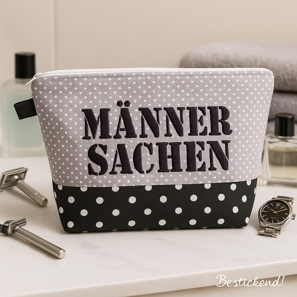 Kulturtasche „Männersachen" - Kulturbeutel Männer Geschenk Für Handgemacht Reisezubehör Waschbeutel Mit Stickerei von Bestickend