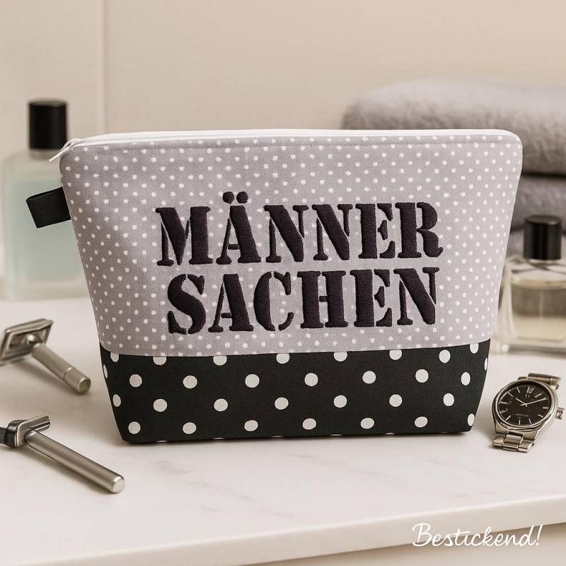 Kulturtasche „Männersachen" - Kulturbeutel Männer Geschenk Für Handgemacht Reisezubehör Waschbeutel Mit Stickerei von Bestickend