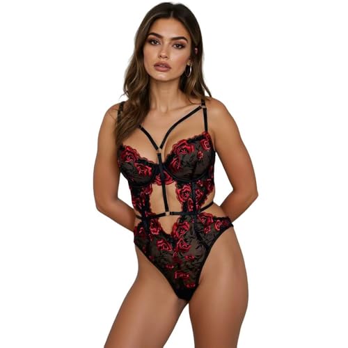 Bestie Favor Damen Spitzen Body mit Bügel Schwarzer Reizwäsche mit Roten Rosen (XL) von Bestie Favor