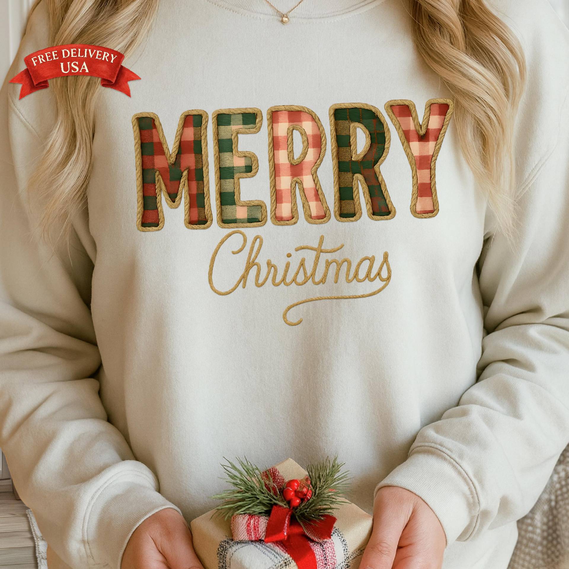 Merry Christmas Patchwork Sweatshirt, Gildan 18000 Crewneck, Cozy Style, Handwerker Und Homebodies Urlaubs Look von BestieDesignGifts