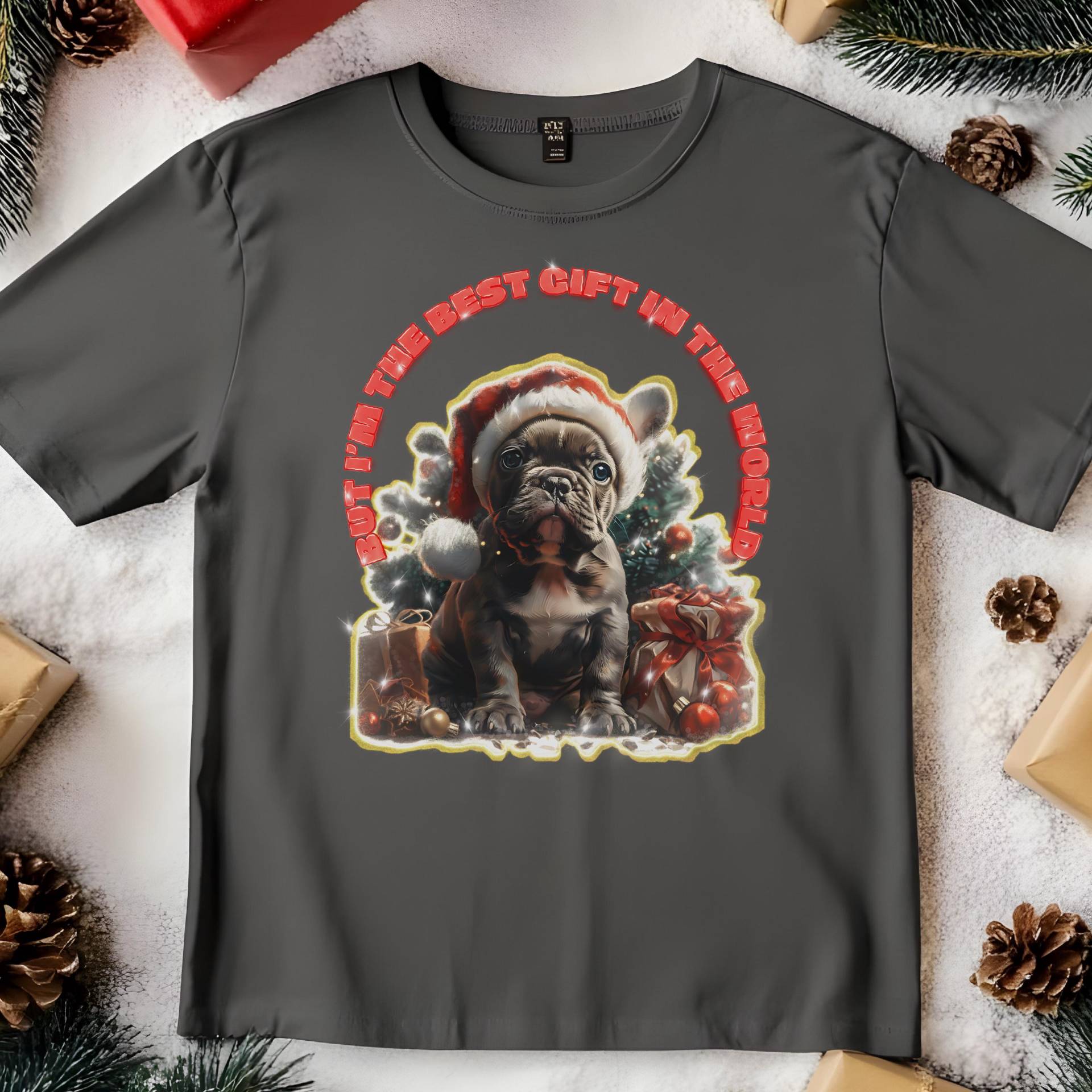 Weihnachts Bulldogge T-Shirt Lustiges Hunde Liebhaber Komfort Farben T-Shirt von BestieDesignGifts