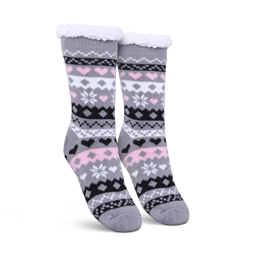 Bestlivings Haussocken Damen mit Teddyfutter - Hüttensocken mit Anti-Rutsch-Sohle - ABS Norweger Socken Herz - Kuschelsocken Einheitsgröße Stopper (Grau (1 Paar)) von Bestlivings