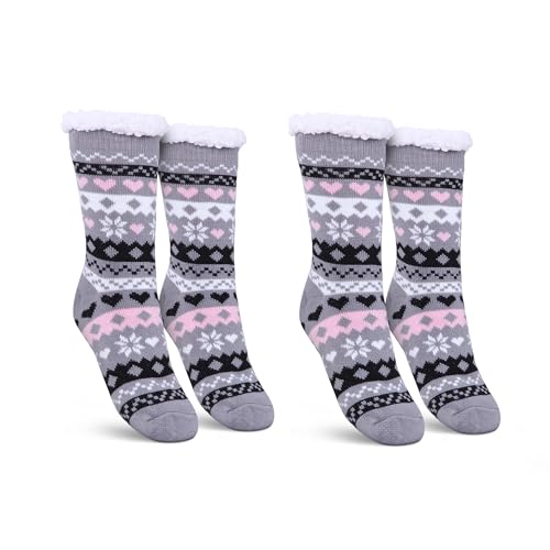 Bestlivings Haussocken Damen mit Teddyfutter - Hüttensocken mit Anti-Rutsch-Sohle - ABS Norweger Socken Herz - Kuschelsocken Einheitsgröße Stopper (Grau (2 Paar)) von Bestlivings