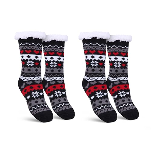 Bestlivings Haussocken Damen mit Teddyfutter - Hüttensocken mit Anti-Rutsch-Sohle - ABS Norweger Socken Herz - Kuschelsocken Einheitsgröße Stopper (Schwarz (2 Paar)) von Bestlivings