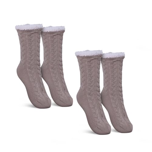 Bestlivings Haussocken Damen mit Teddyfutter - Hüttensocken mit Anti-Rutsch-Sohle - ABS Norweger Socken Zopfmuster - Kuschelsocken Einheitsgröße Stopper (Beige (2 Paar)) von Bestlivings