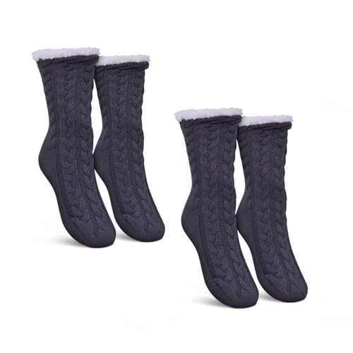 Bestlivings Haussocken Damen mit Teddyfutter - Hüttensocken mit Anti-Rutsch-Sohle - ABS Norweger Socken Zopfmuster - Kuschelsocken Einheitsgröße Stopper (Grau (2 Paar)) von Bestlivings