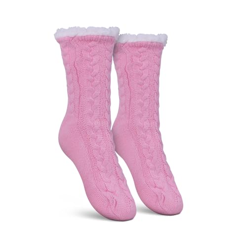 Bestlivings Haussocken Damen mit Teddyfutter - Hüttensocken mit Anti-Rutsch-Sohle - ABS Norweger Socken Zopfmuster - Kuschelsocken Einheitsgröße Stopper (Rosa (1 Paar)) von Bestlivings