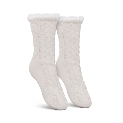 Bestlivings Haussocken Damen mit Teddyfutter - Hüttensocken mit Anti-Rutsch-Sohle - ABS Norweger Socken Zopfmuster - Kuschelsocken Einheitsgröße Stopper (Weiß (1 Paar)) von Bestlivings