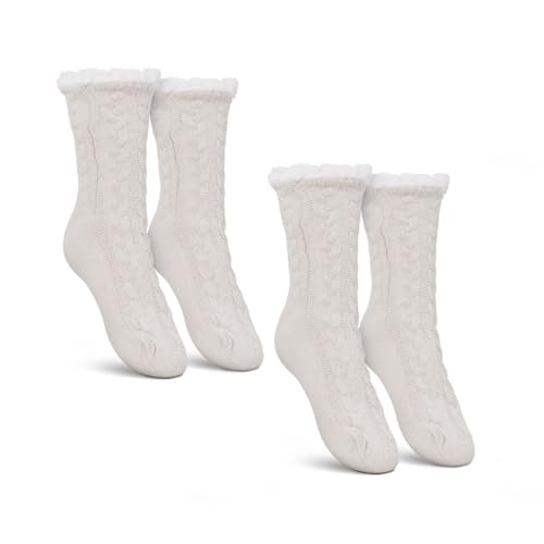 Bestlivings Haussocken Damen mit Teddyfutter - Hüttensocken mit Anti-Rutsch-Sohle - ABS Norweger Socken Zopfmuster - Kuschelsocken Einheitsgröße Stopper (Weiß (2 Paar)) von Bestlivings