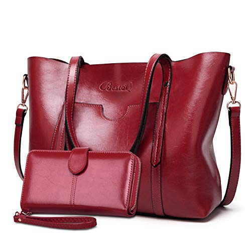 BestoU Damen Handtasche Leder Groß Tasche Shopper Schultertasche Umhängetasche Henkeltasche Damen 2pcs Set (Weinrot) von BestoU