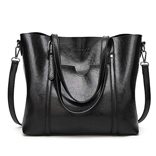 BestoU Damen Handtasche Leder Tasche Shopper Damen Handtaschen Groß Schule Schultertasche Frauen Umhängetasche (Schwarz) von BestoU