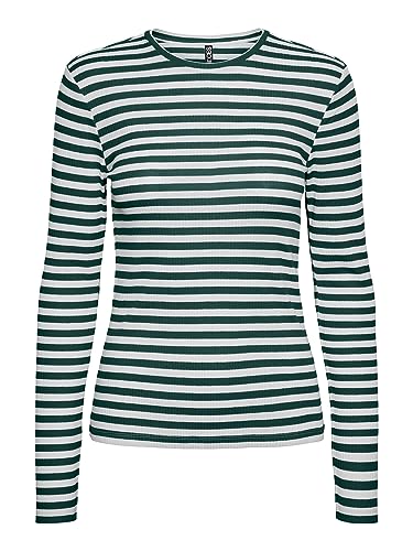 PIECES Damen T-Shirt,Trekking Green/Stripes:Cloud Dancer,S von PIECES